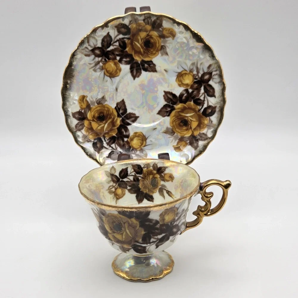 Vintage Royal Sealy Iridescent Luster Glaze Yellow Rose Teacup And Saucer